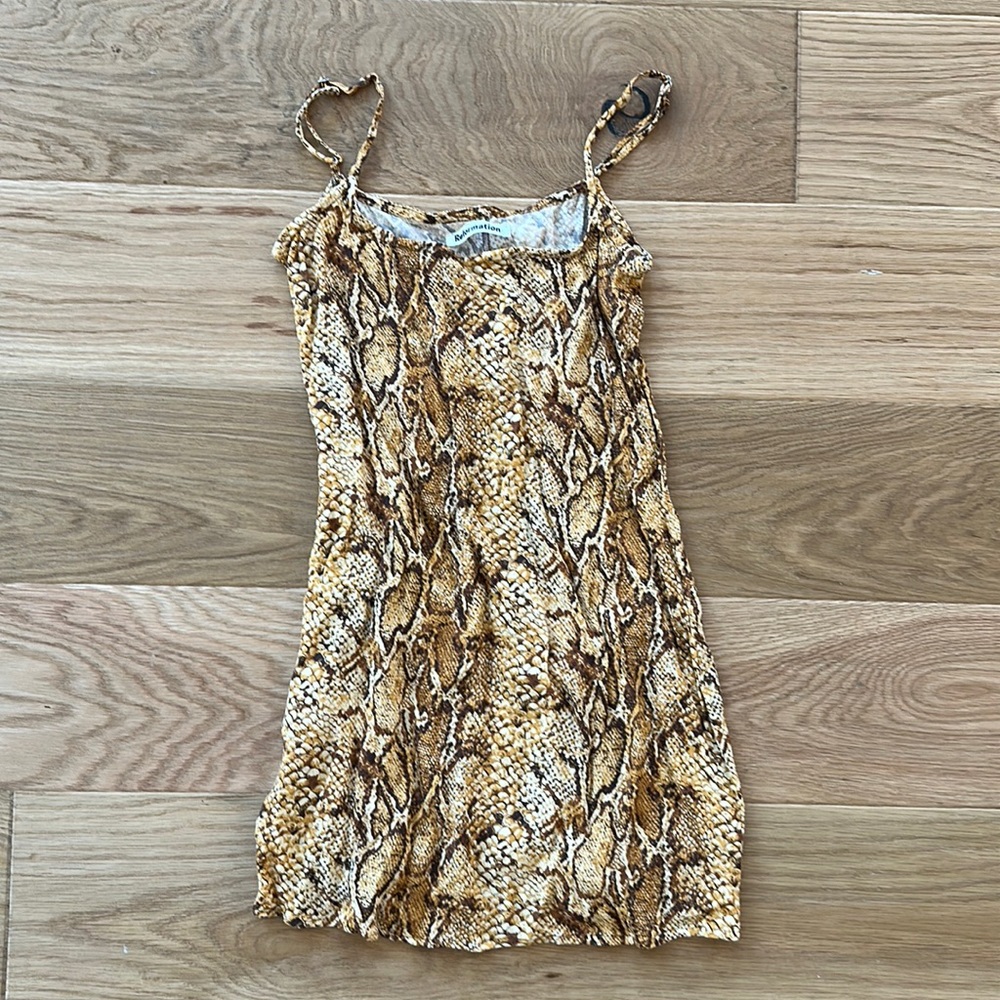 Reformation, yellow snake, skin, mini dress